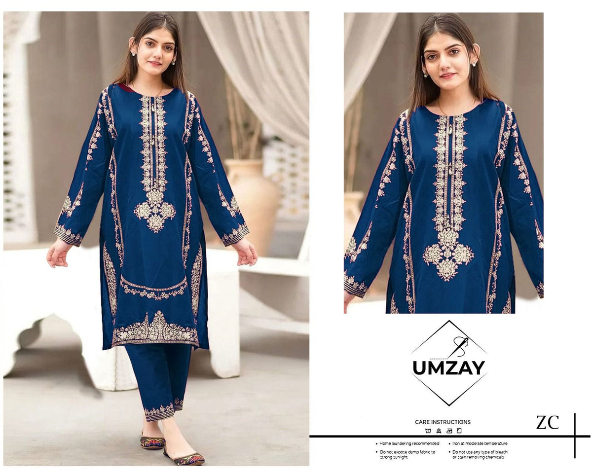 Allhamdulillah Summer Collection – Blue Heavy Embroidered Airjet Lawn 2-Piece Unstitched Suit for Women