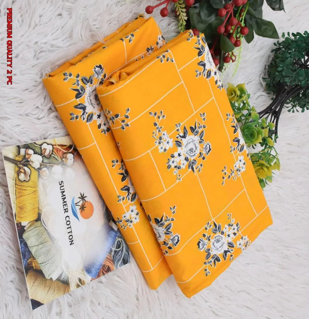 Mustard Printed Polo Cotton 2-Piece Unstitched Suit | Floral Summer Collection by Khaas Kapra