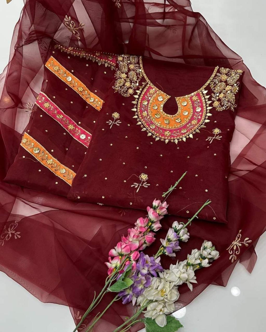 Maroon Embroidered Organza 3-Piece Unstitched Suit | Kataan Silk Trouser | Eid & Wedding Collection by Khaas Kapra