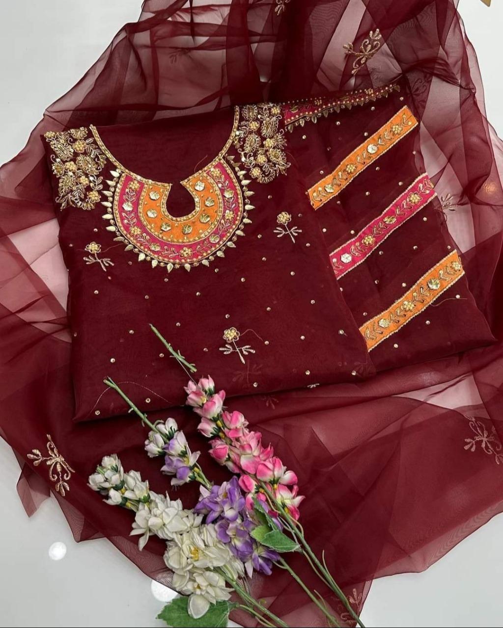 Maroon Embroidered Organza 3-Piece Unstitched Suit | Kataan Silk Trouser | Eid & Wedding Collection by Khaas Kapra