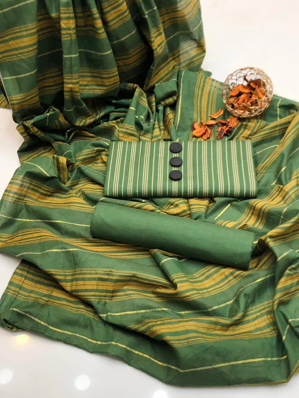 Unstitched Printed Cotton Lawn 3-Piece Suit | Green & Yellow Stripe | Summer Collection by Khaas Kapra