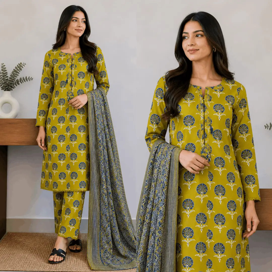 Mustard Digital Print Lawn 3-Piece Stitched Suit | U-Neck with Voile Dupatta | Summer Collection by Khaas Kapra