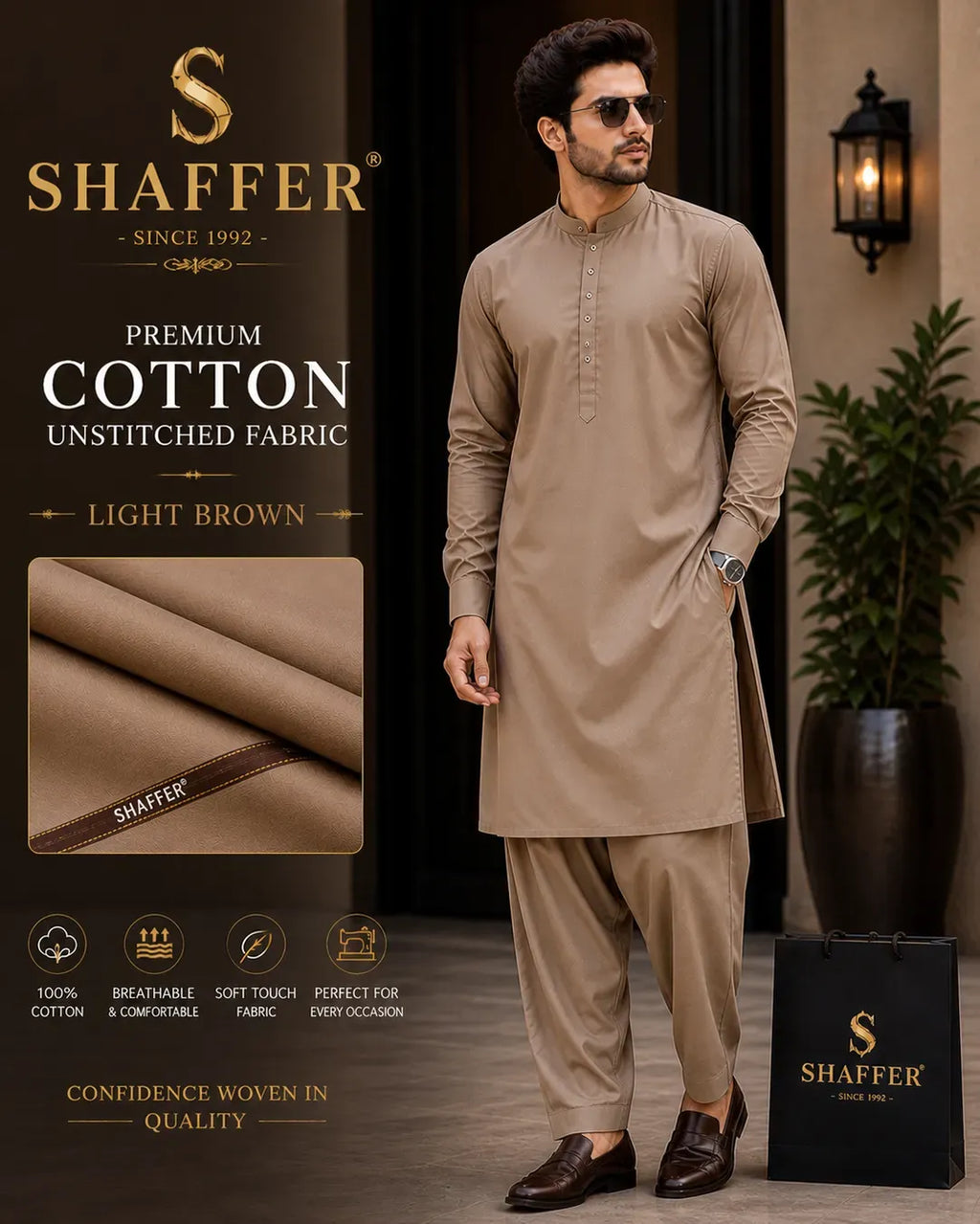 Premium Light Brown Cotton Unstitched Suit for Men – Summer Collection | Khaas Kapra