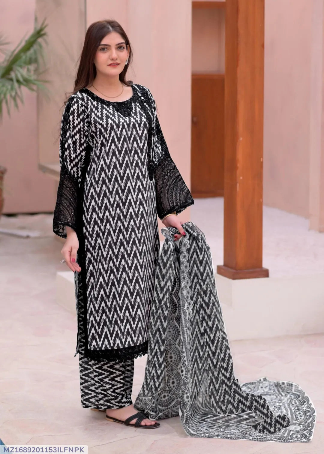 Black Dobby Doria Lawn Printed 3-Piece Stitched Suit | Mirror & Sequin Neck | Zigzag Flapper | Summer Collection by Khaas Kapra