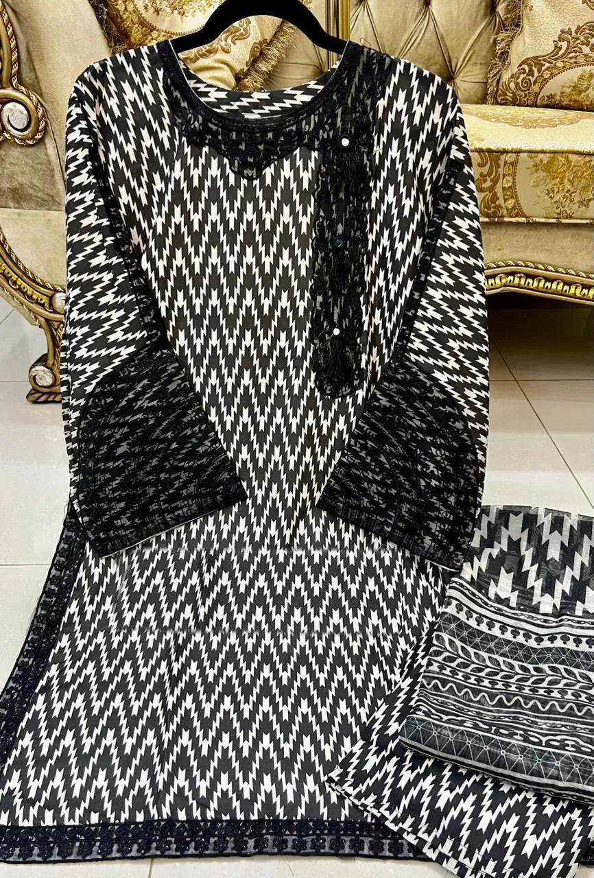 Black Dobby Doria Lawn Printed 3-Piece Stitched Suit | Mirror & Sequin Neck | Zigzag Flapper | Summer Collection by Khaas Kapra