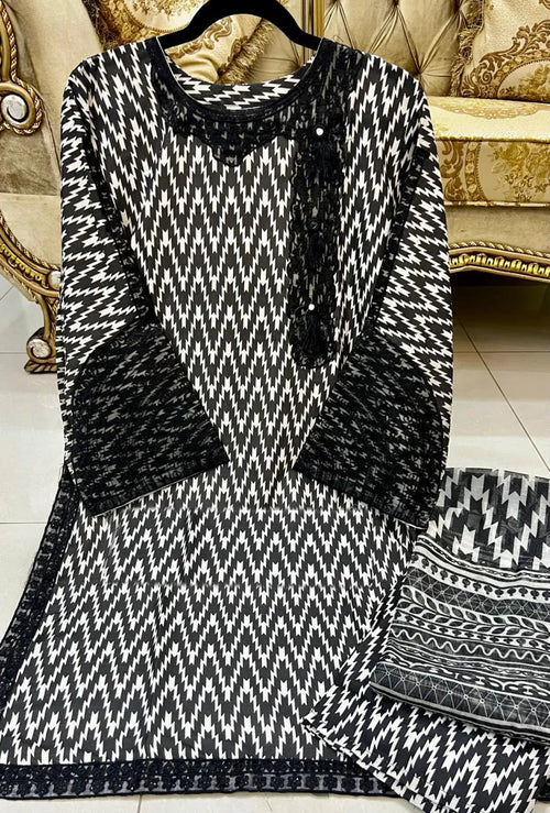 Black Dobby Doria Lawn Printed 3-Piece Stitched Suit | Mirror & Sequin Neck | Zigzag Flapper | Summer Collection by Khaas Kapra