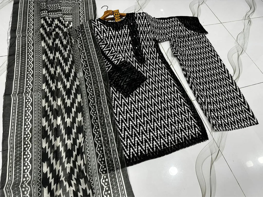 Black Dobby Doria Lawn Printed 3-Piece Stitched Suit | Mirror & Sequin Neck | Zigzag Flapper | Summer Collection by Khaas Kapra