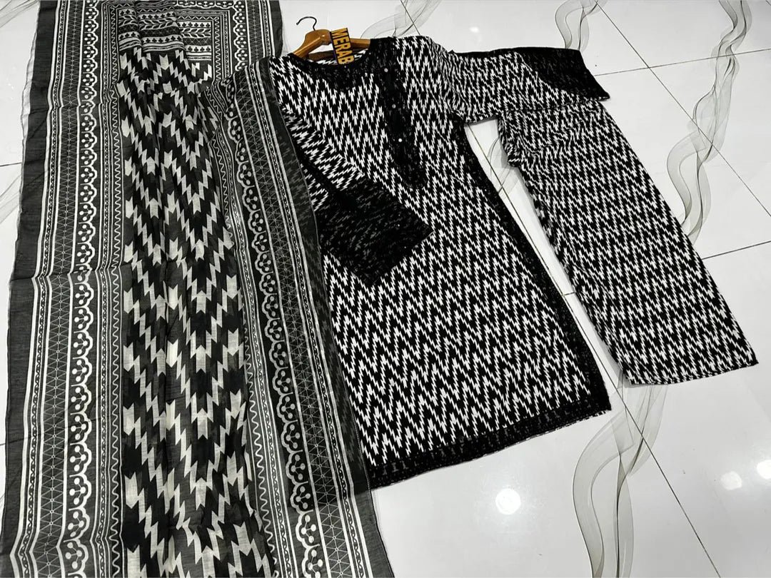 Black Dobby Doria Lawn Printed 3-Piece Stitched Suit | Mirror & Sequin Neck | Zigzag Flapper | Summer Collection by Khaas Kapra