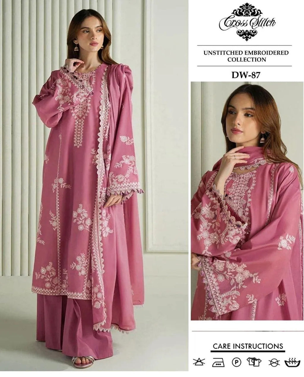 Pink Embroidered Lawn 3-Piece Unstitched Suit | Khaadi Net Dupatta | Eid Collection by Khaas Kapra