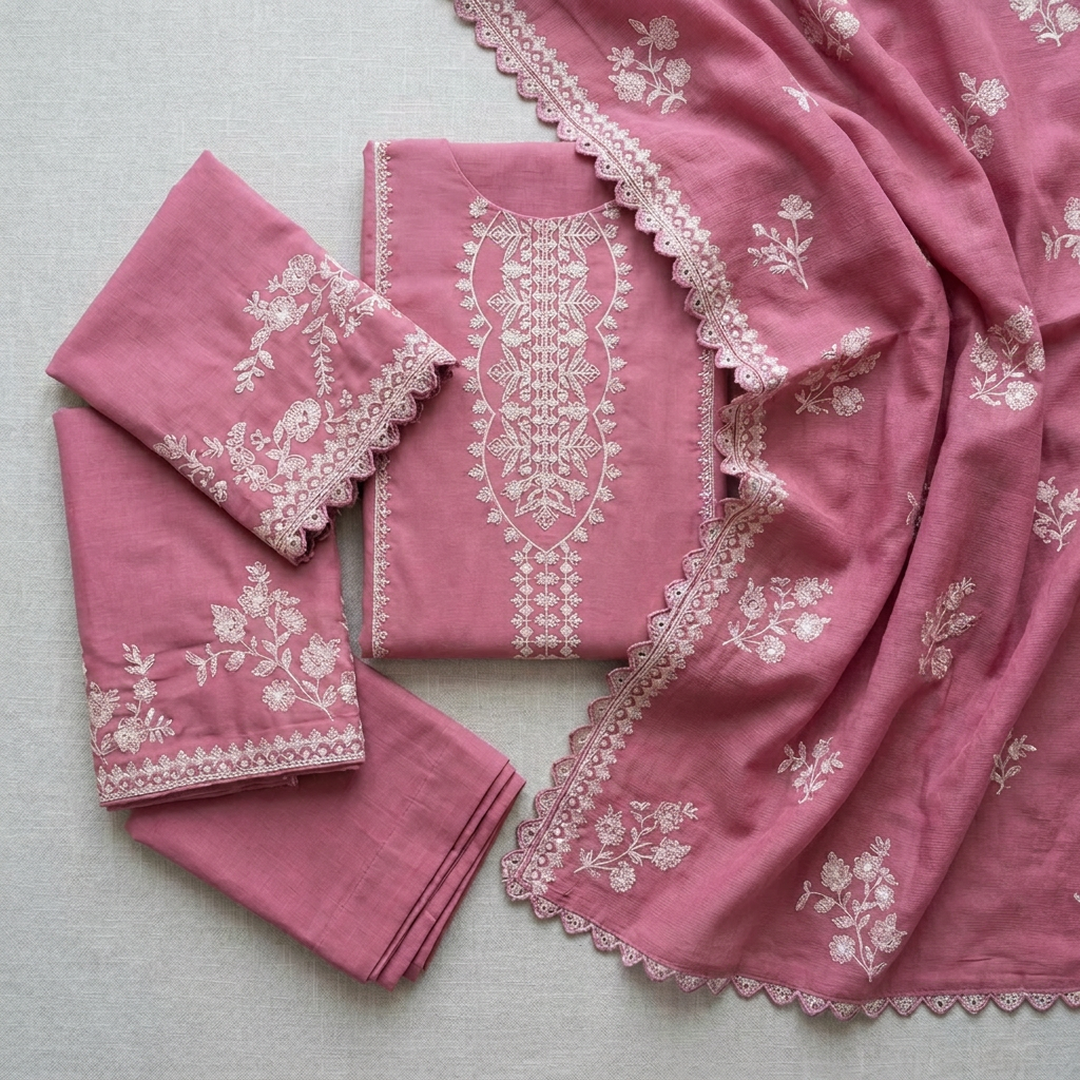 Pink Embroidered Lawn 3-Piece Unstitched Suit | Khaadi Net Dupatta | Eid Collection by Khaas Kapra