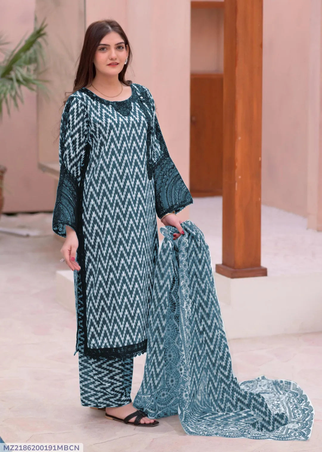 3-Piece Women's Stitched Dobby Lawn Printed Suit | Blue Doria Lawn with Chiffon Dupatta by Khaas Kapra