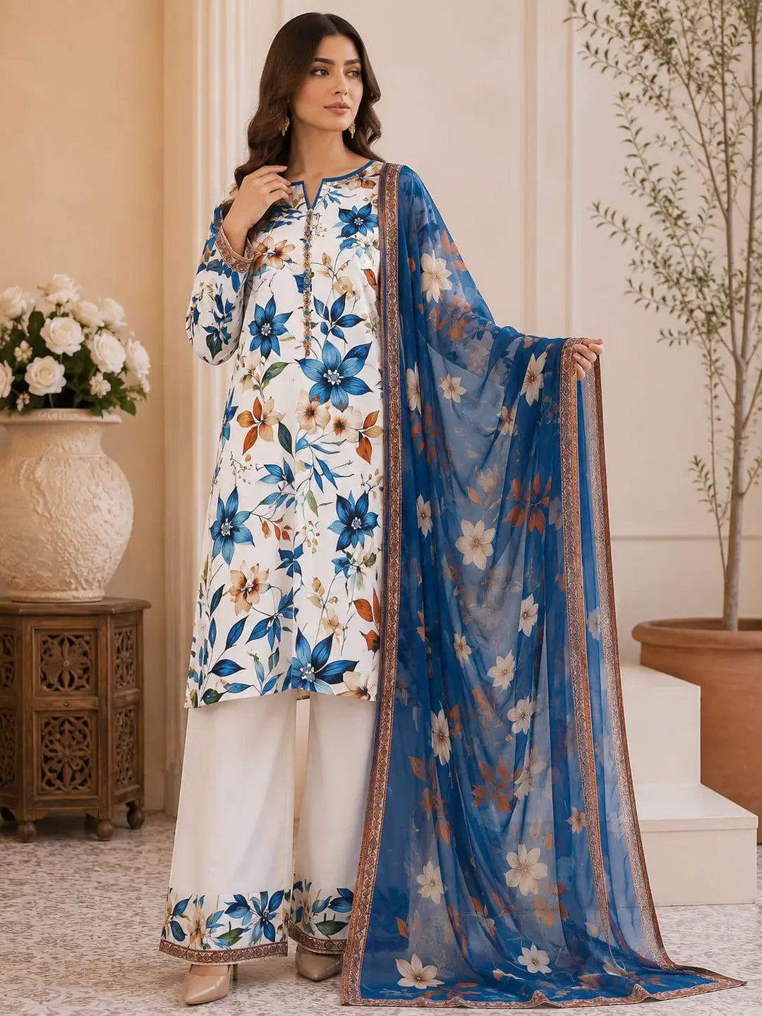 White Floral Digital Print Swiss Lawn 3-Piece Unstitched Suit | Crinkle Chiffon Dupatta | Summer Collection by Khaas Kapra