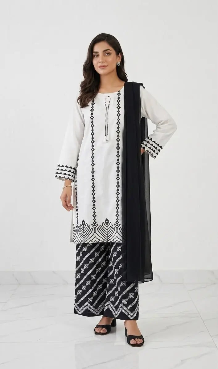 Premium White Cotton Lawn Block Printed 3-Piece Stitched Suit for Women – Stylish Neck Design | Khaas Kapra