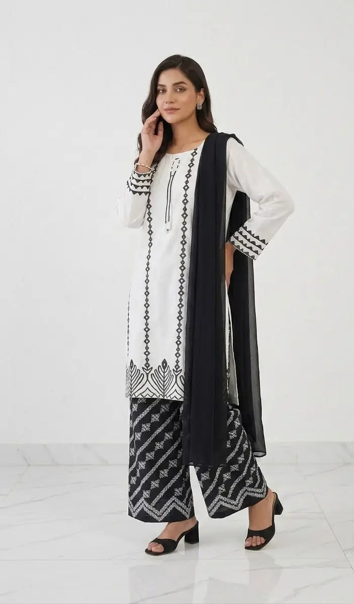 Premium White Cotton Lawn Block Printed 3-Piece Stitched Suit for Women – Stylish Neck Design | Khaas Kapra