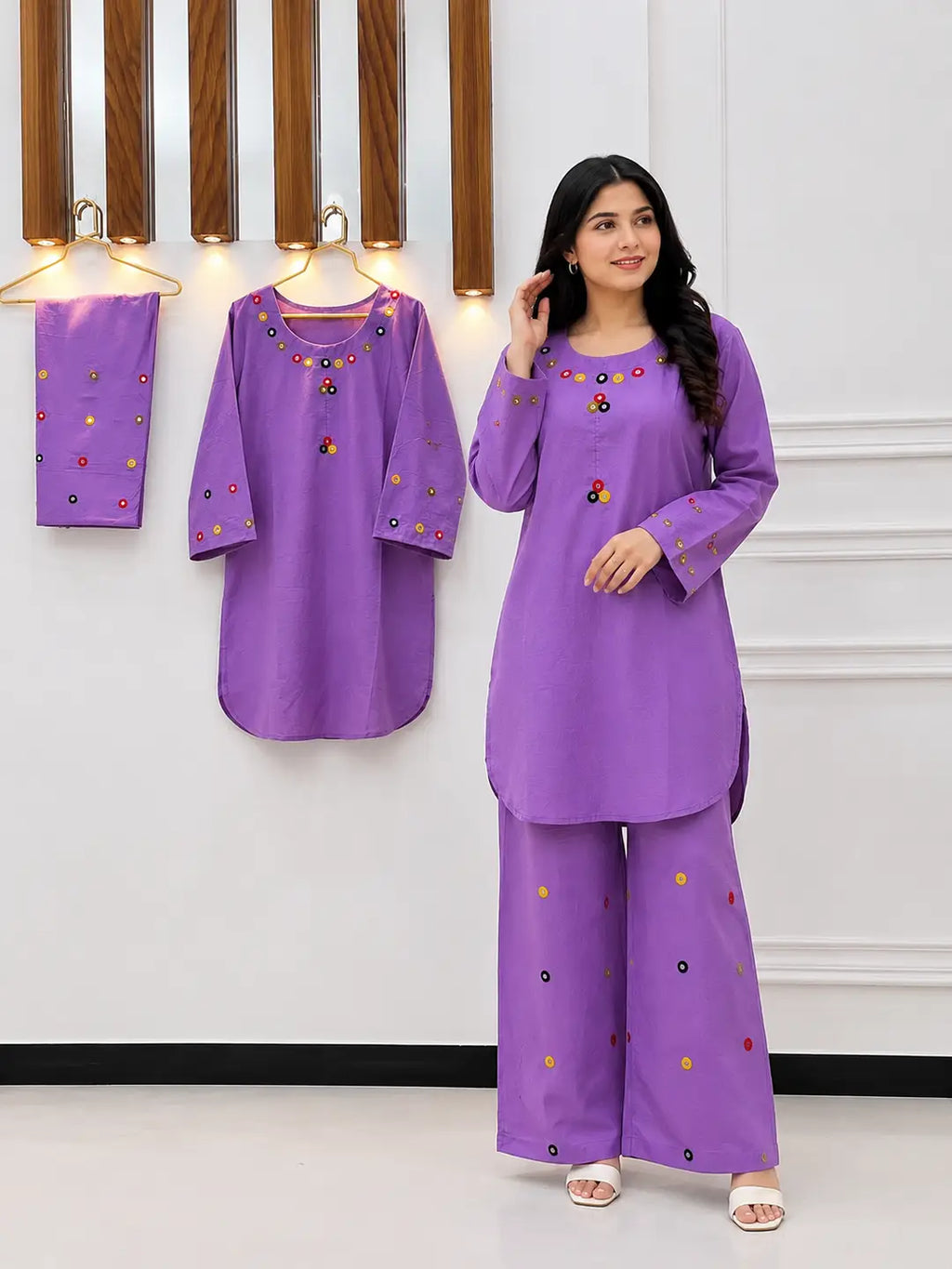 Lilac Cotton Lawn 2-Piece Stitched Suit | Hand Work & Mirror Work | Everyday Elegance by Khaas Kapra