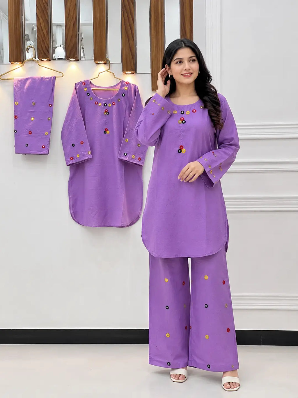 Lilac Cotton Lawn 2-Piece Stitched Suit | Hand Work & Mirror Work | Everyday Elegance by Khaas Kapra
