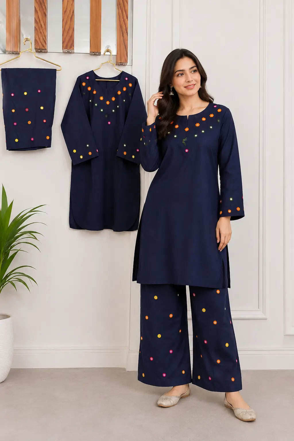Blue Cotton Lawn 2-Piece Stitched Suit | Hand Work & Mirror Work | Everyday Elegance by Khaas Kapra