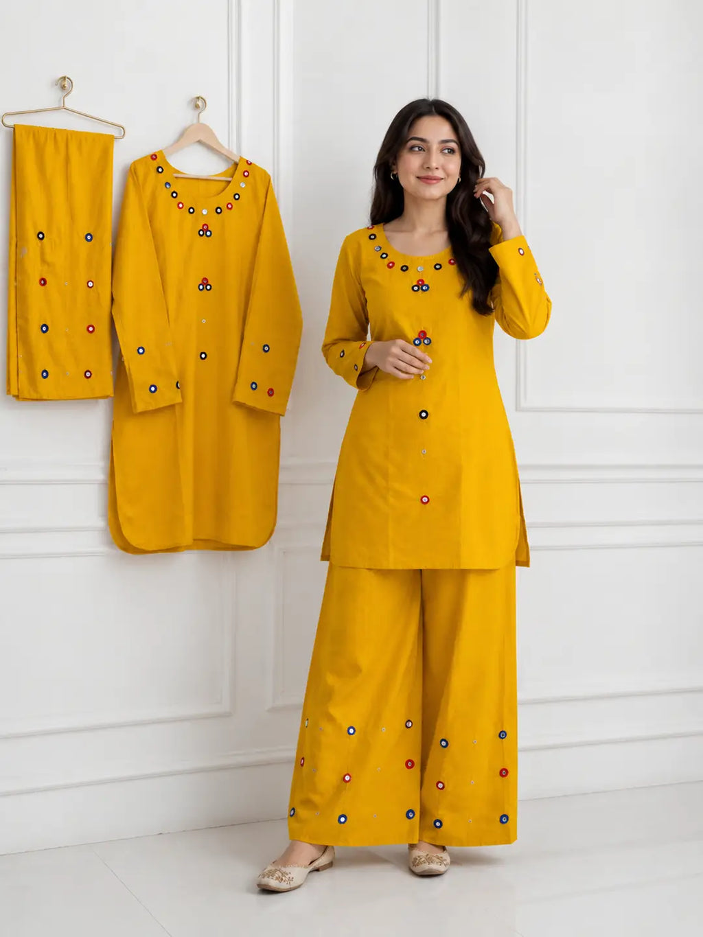 Yellow Cotton Lawn 2-Piece Stitched Suit | Hand Work & Mirror Work | Everyday Elegance by Khaas Kapra