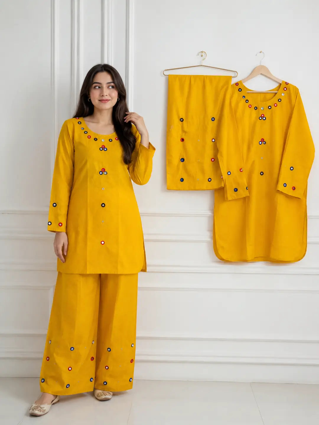Yellow Cotton Lawn 2-Piece Stitched Suit | Hand Work & Mirror Work | Everyday Elegance by Khaas Kapra