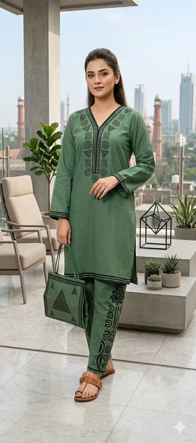 Lilac Printed Linen 3-Piece Stitched Suit | V-Neck with Matching Handbag | Summer Collection by Khaas Kapra
