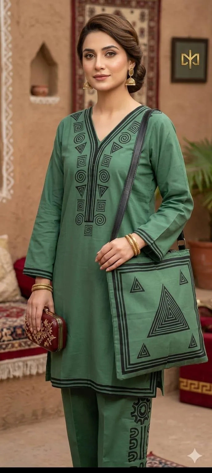 Lilac Printed Linen 3-Piece Stitched Suit | V-Neck with Matching Handbag | Summer Collection by Khaas Kapra