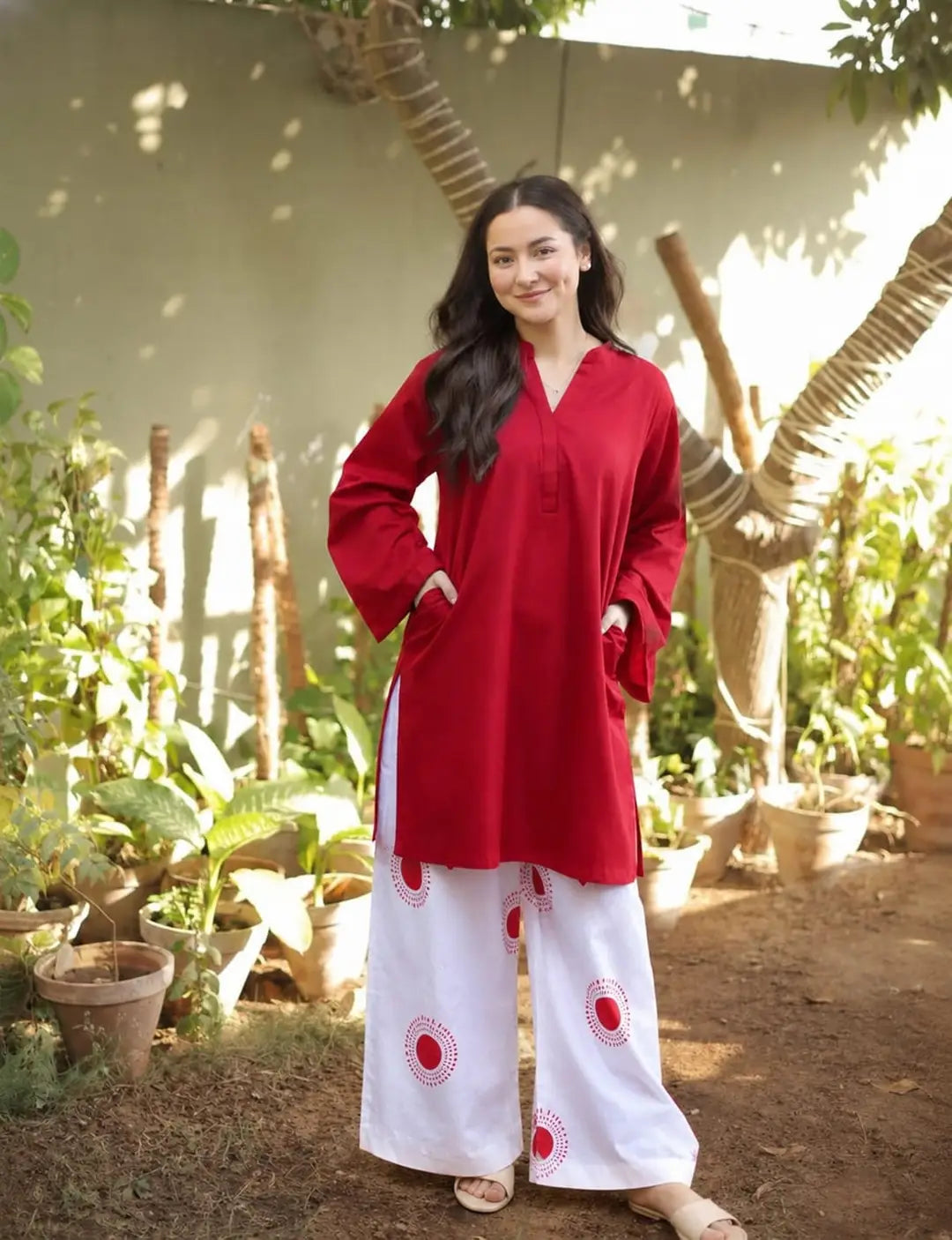 2-Piece Women's Stitched Linen Suit | Plain Round Neck Shirt & Block Printed Trouser | Red by Khaas Kapra
