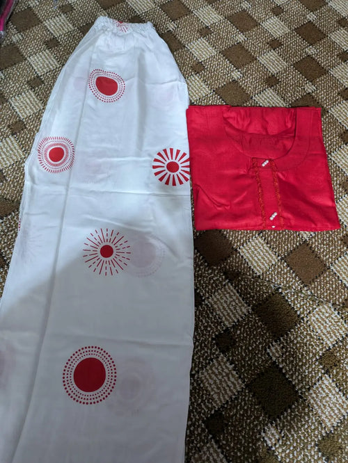 2-Piece Women's Stitched Linen Suit | Plain Round Neck Shirt & Block Printed Trouser | Red by Khaas Kapra
