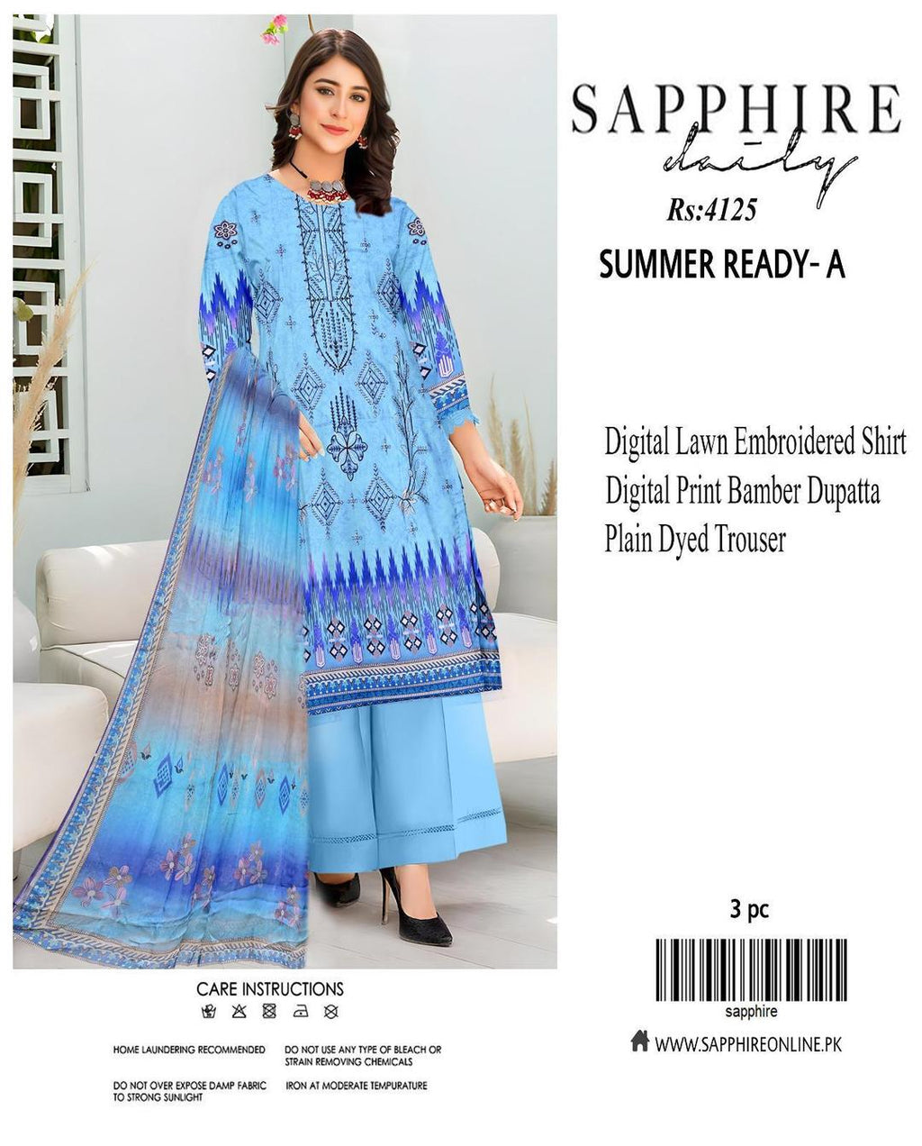 Blue Embroidered Lawn 3-Piece Unstitched Suit | Bamber Dupatta | Eid Collection by Khaas Kapra