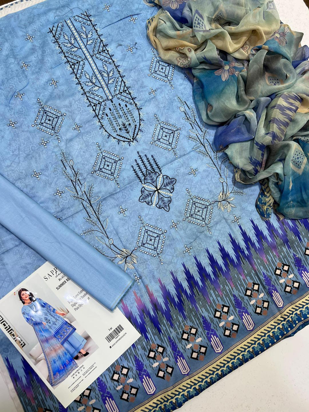Blue Embroidered Lawn 3-Piece Unstitched Suit | Bamber Dupatta | Eid Collection by Khaas Kapra