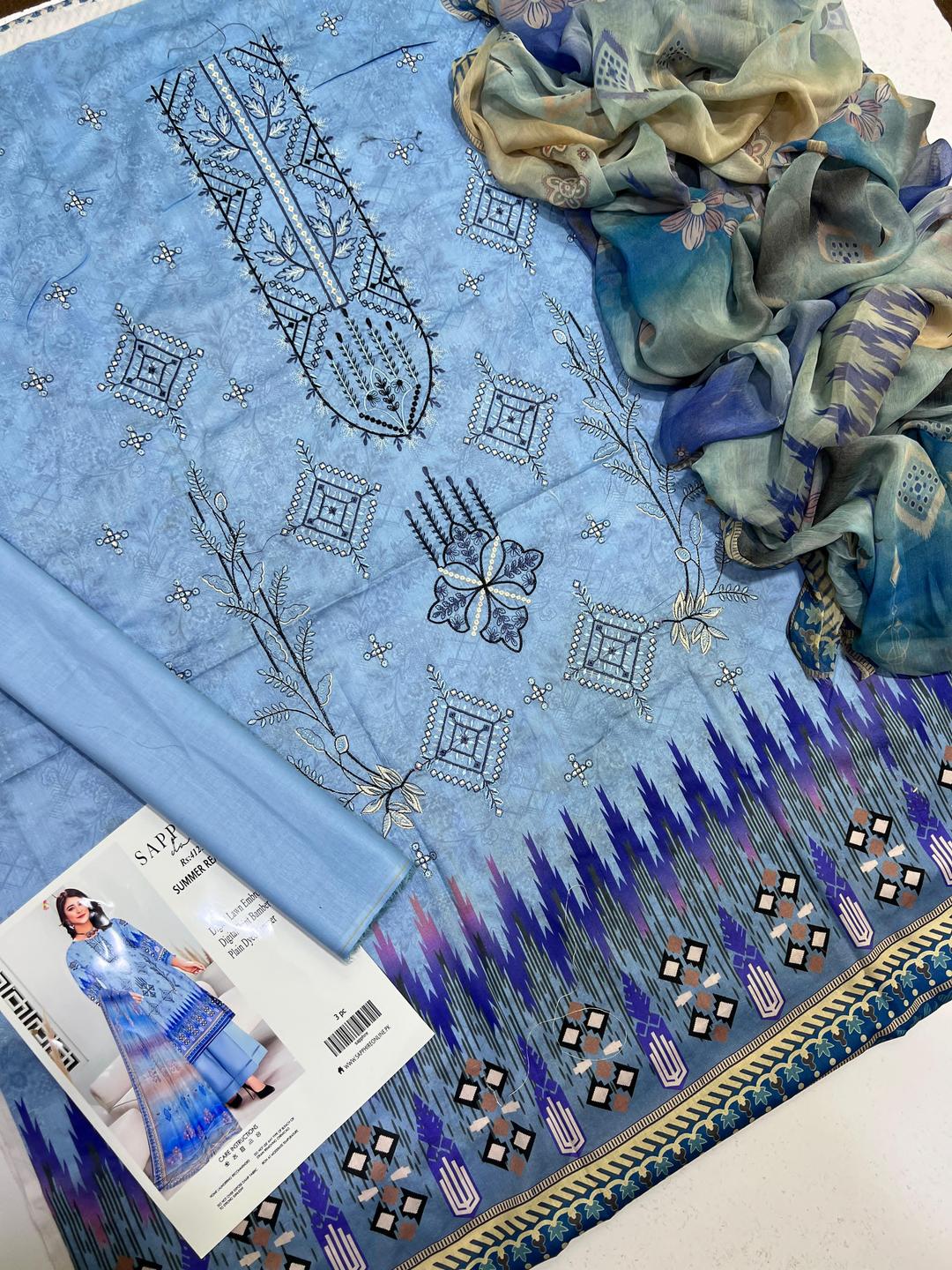 Blue Embroidered Lawn 3-Piece Unstitched Suit | Bamber Dupatta | Eid Collection by Khaas Kapra