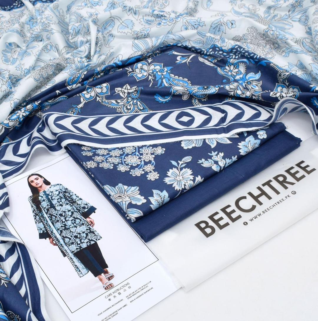 Blue Printed Lawn 3-Piece Unstitched Suit | Plain Trouser | Summer by Khaas Kapra