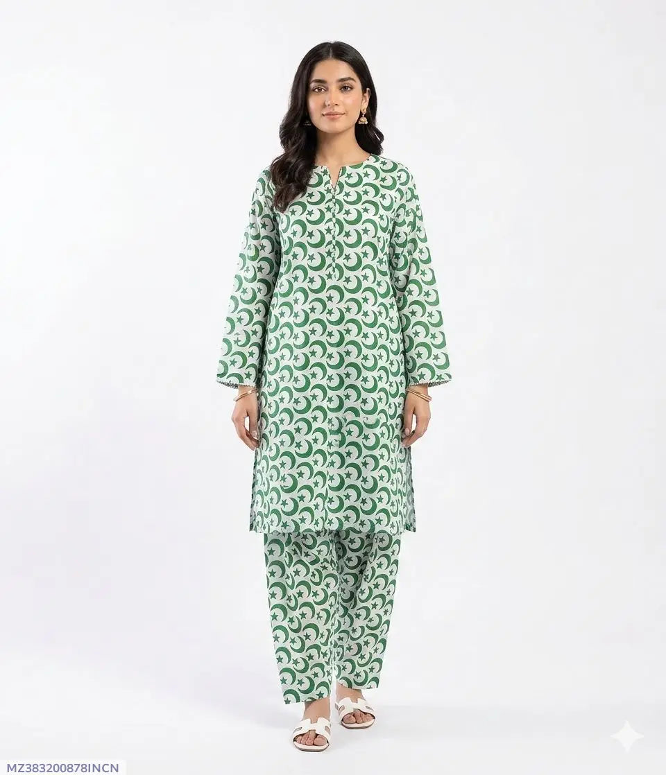 2-Piece Women's Unstitched Printed Cotton Lawn Suit | Green Summer Collection by Khaas Kapra