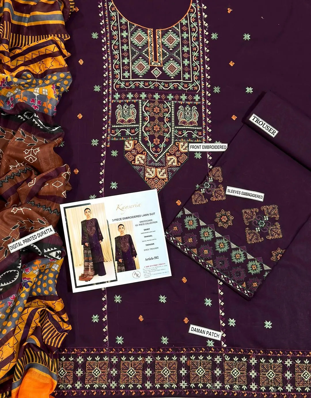 Purple Embroidered 3-Piece Unstitched Lawn Suit | Eid & Wedding Collection by Khaas Kapra