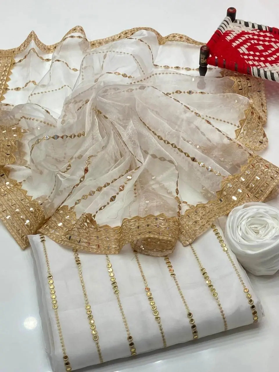 White Organza Sheesha Work 3-Piece Unstitched Suit | Katan Silk Trouser & Mirror Work Dupatta | Festive Collection by Khaas Kapra