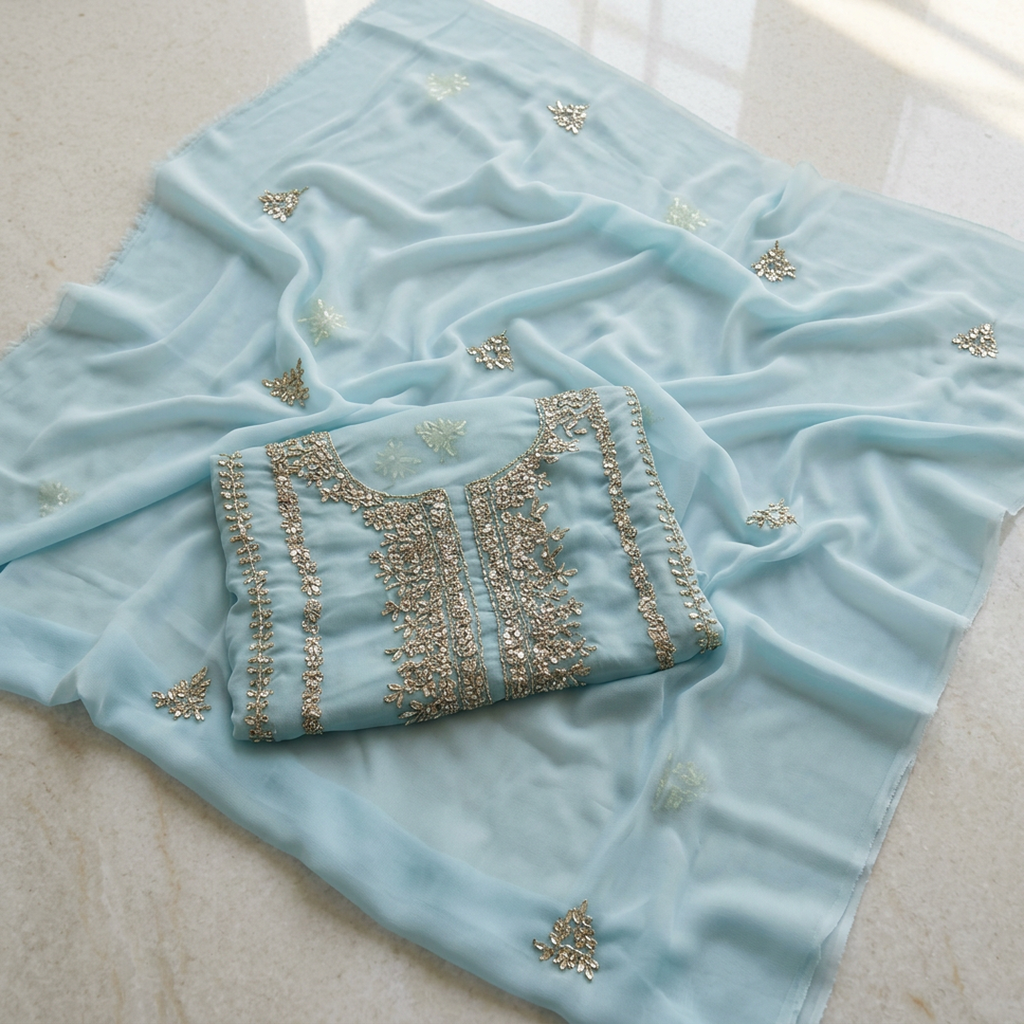 Premium Blue Chiffon Embroidered 2 Piece Unstitched Suit for Women – Handwork Eid Collection | Khaas Kapra