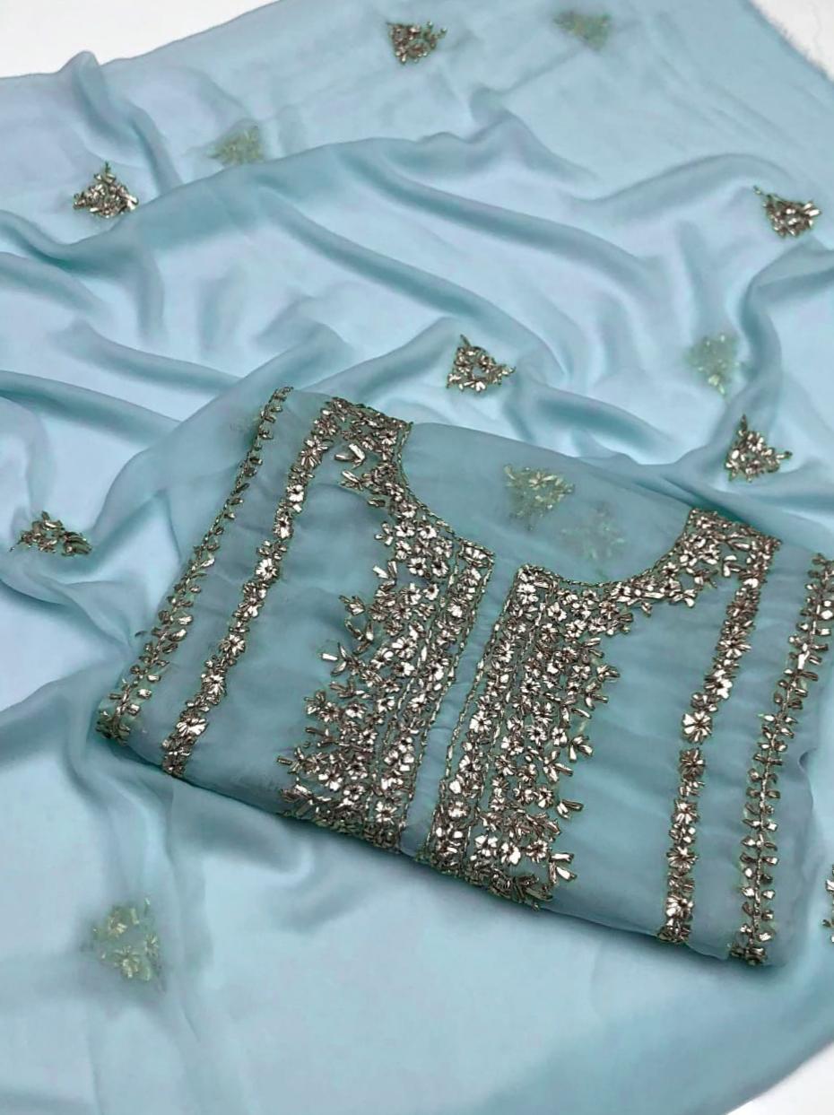 Premium Blue Chiffon Embroidered 2 Piece Unstitched Suit for Women – Handwork Eid Collection | Khaas Kapra