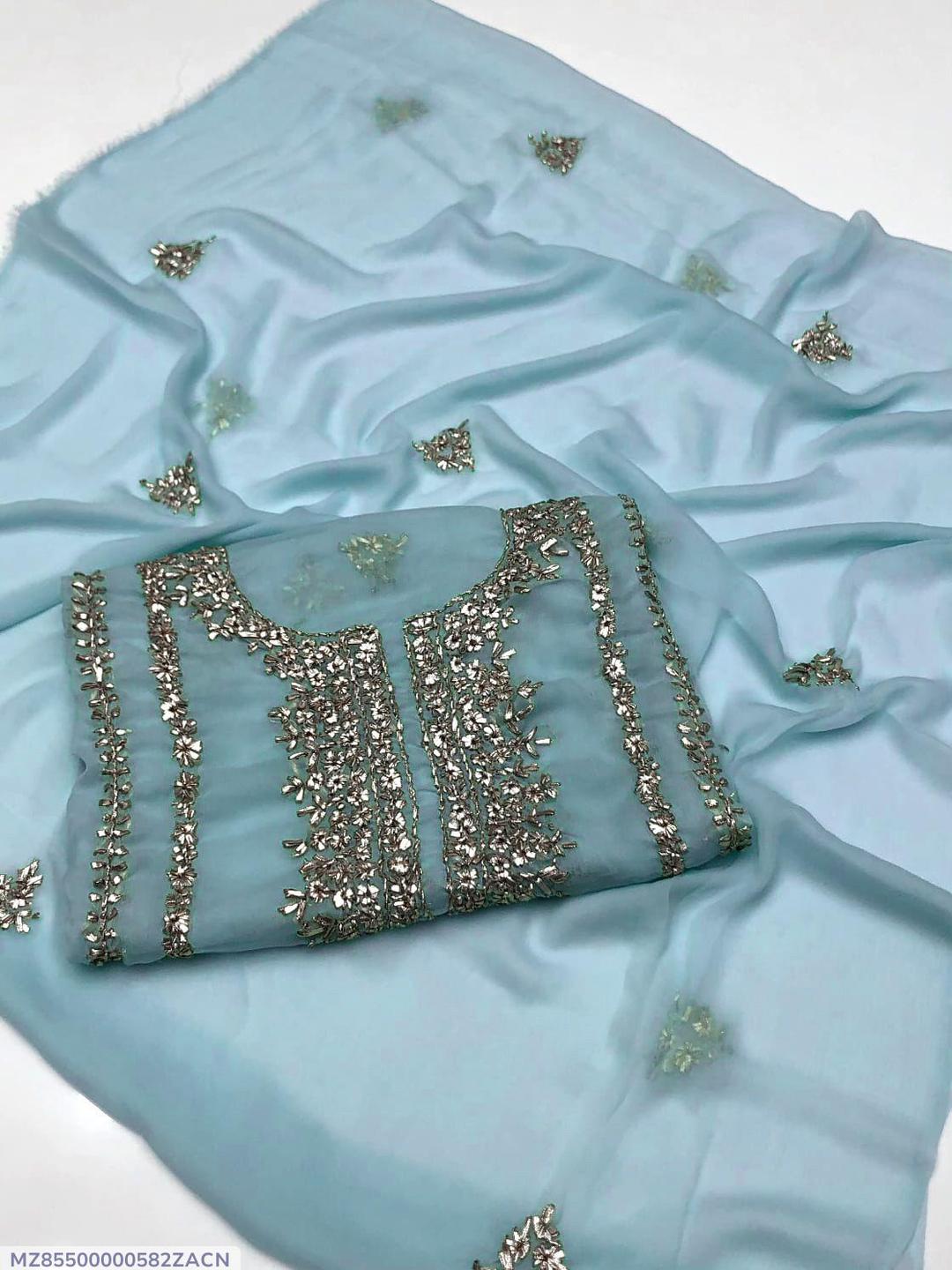 Premium Blue Chiffon Embroidered 2 Piece Unstitched Suit for Women – Handwork Eid Collection | Khaas Kapra