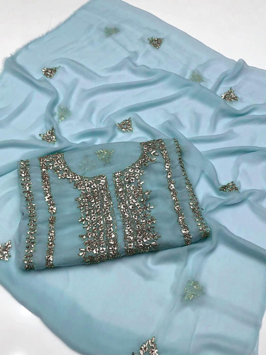 Premium Blue Chiffon Embroidered 2 Piece Unstitched Suit for Women – Handwork Eid Collection | Khaas Kapra