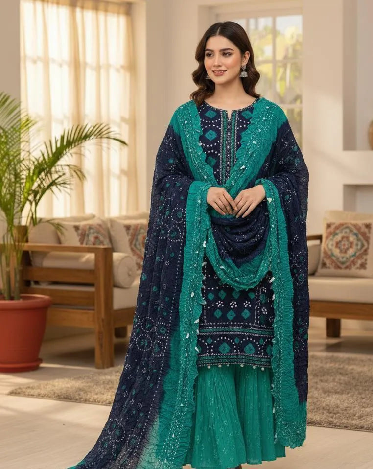 Unstitched Printed Linen 3-Piece Suit | Green & Navy Blue | All-Season Collection by Khaas Kapra