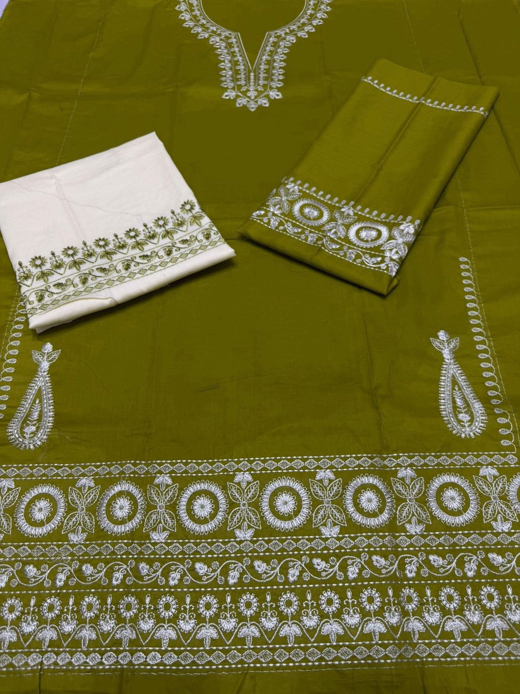 Olive Green Heavy Embroidered Airjet Lawn 2-Piece Unstitched Suit for Women – Front Full Embroidered with Sleeves & Trouser