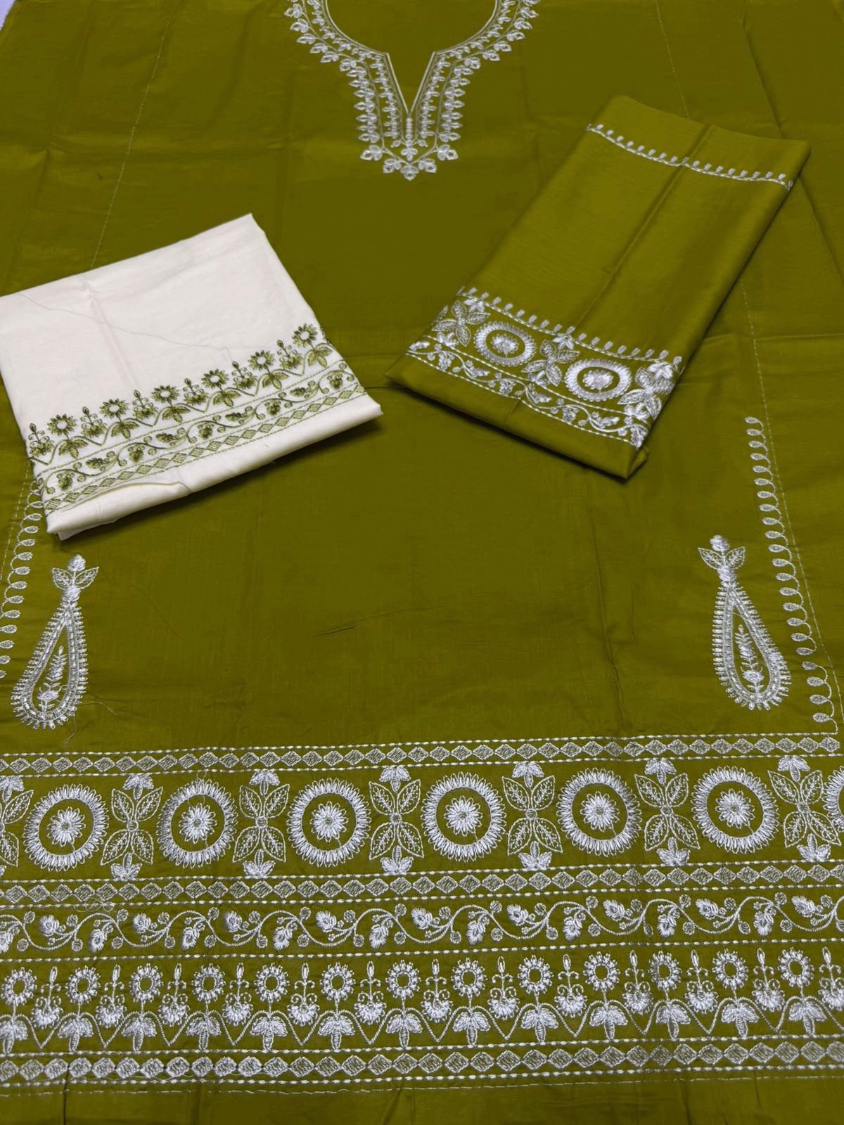 Olive Green Heavy Embroidered Airjet Lawn 2-Piece Unstitched Suit for Women – Front Full Embroidered with Sleeves & Trouser