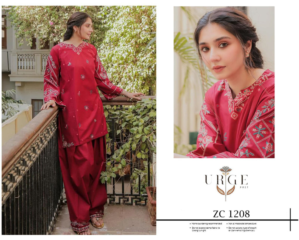 Red Heavy Embroidered Airjet Lawn 2-Piece Unstitched Suit for Women – Front Full Embroidered with Sleeves