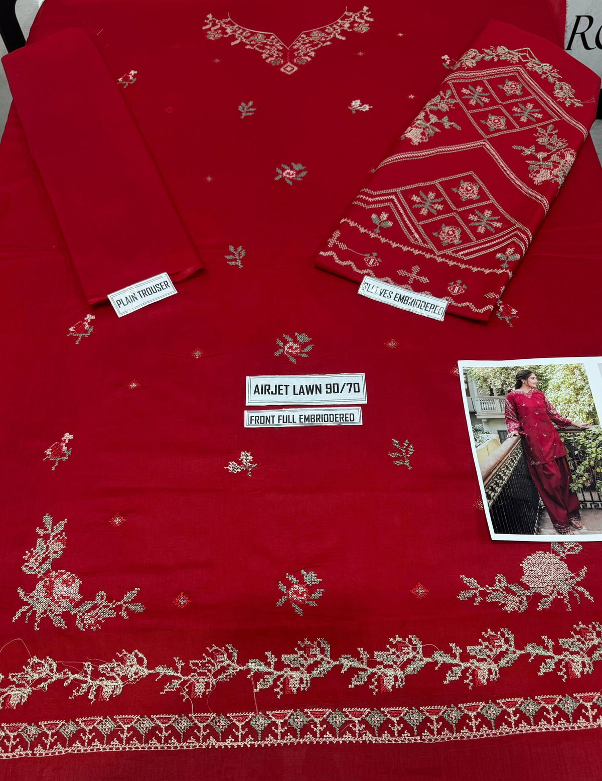 Red Heavy Embroidered Airjet Lawn 2-Piece Unstitched Suit for Women – Front Full Embroidered with Sleeves
