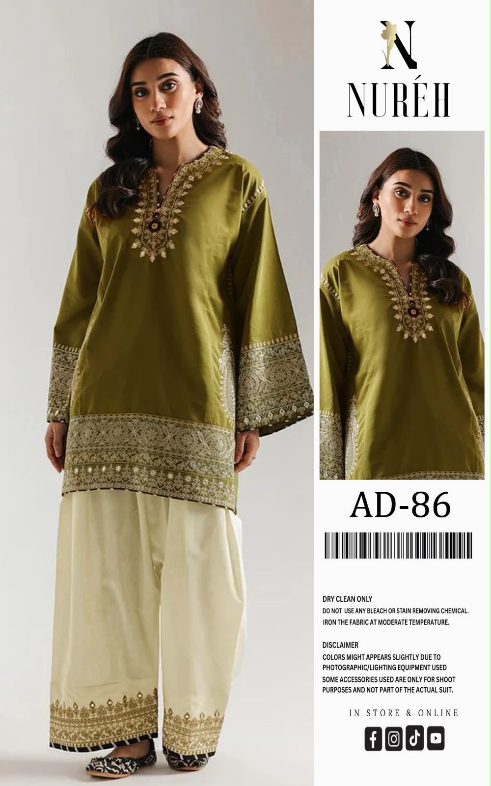 Olive Green Heavy Embroidered Airjet Lawn 2-Piece Unstitched Suit for Women – Front Full Embroidered with Sleeves & Trouser