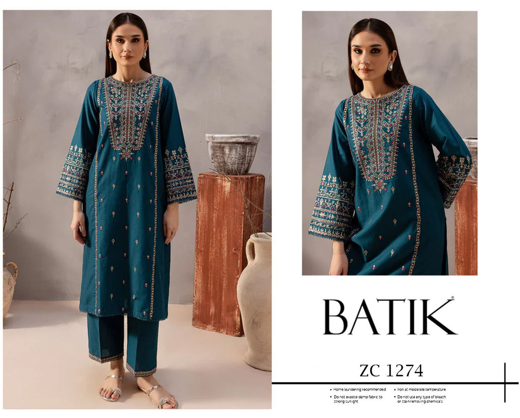 BATIK ZC-1274 Teal Peacock Blue Heavy Embroidered Airjet Lawn 2-Piece Suit - Model wearing stitched version with embroidered neckline, sleeves and trouser