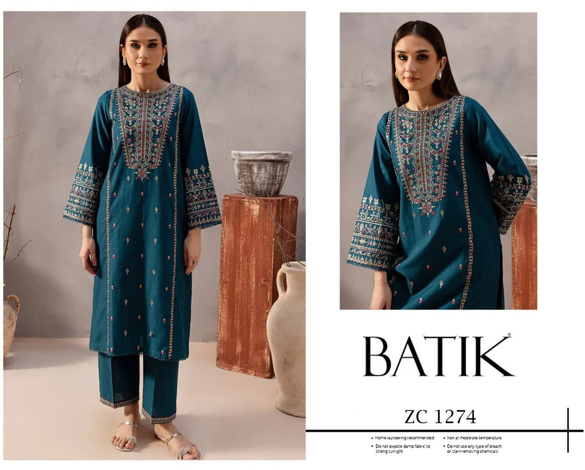BATIK ZC-1274 Teal Peacock Blue Heavy Embroidered Airjet Lawn 2-Piece Suit - Model wearing stitched version with embroidered neckline, sleeves and trouser